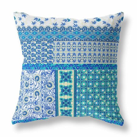 HOMEROOTS 16 in. Patch Indoor Outdoor Throw Pillow White & Turquoise Blue 470568